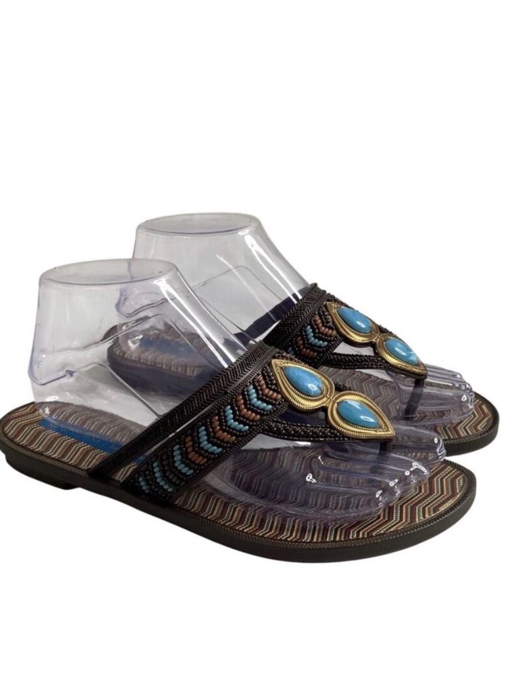Grendha Women's 8 Brazilian Sandals Brown Blue Tribal Print Ivete Sangalo NWOT